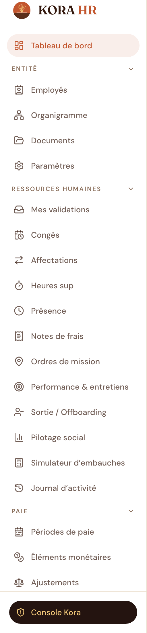 Navigation de l’application KORA HR